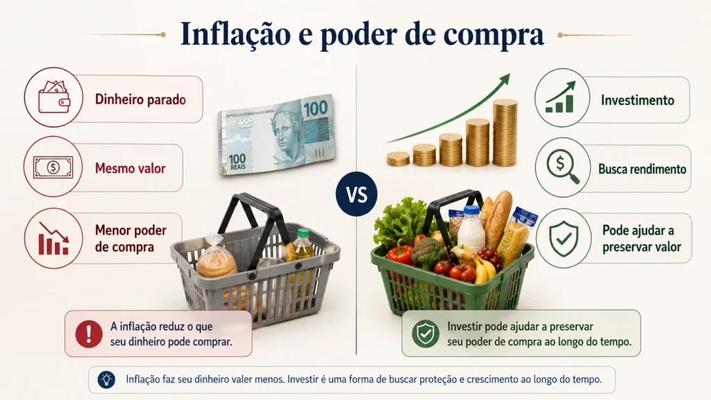 Inflação e poder de compra mostrando como o dinheiro parado pode perder valor ao longo do tempo