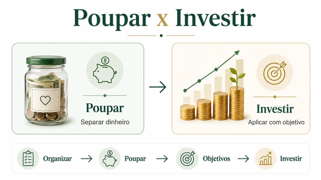 Diferença entre poupar e investir, mostrando organização, objetivos e aplicação do dinheiro