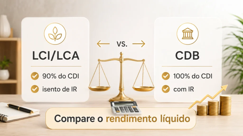 Comparação entre LCI e LCA a 90% do CDI isentas de IR e CDB a 100% do CDI com Imposto de Renda
