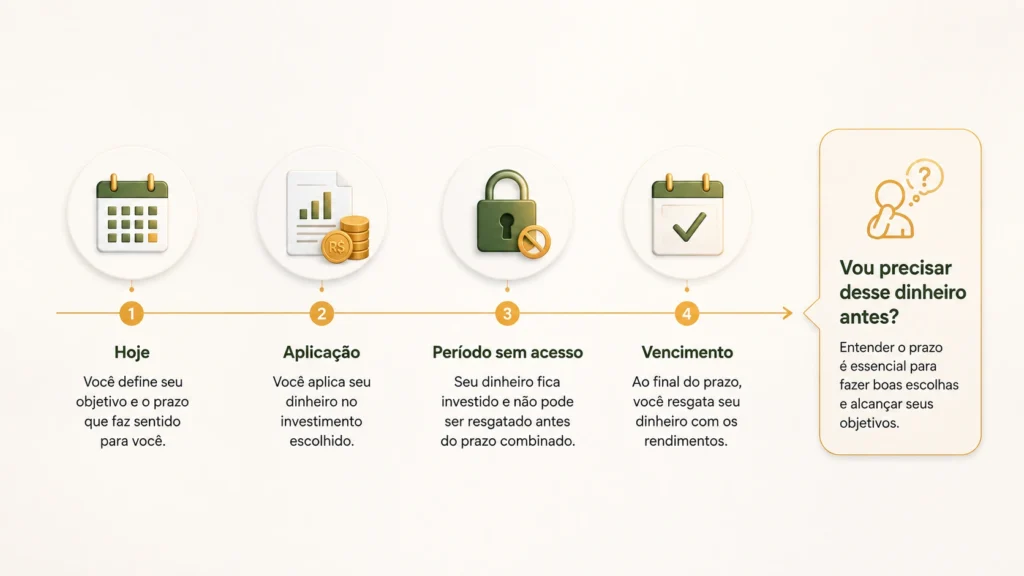 Linha do tempo mostrando aplicação, período sem acesso ao dinheiro e vencimento de LCI e LCA