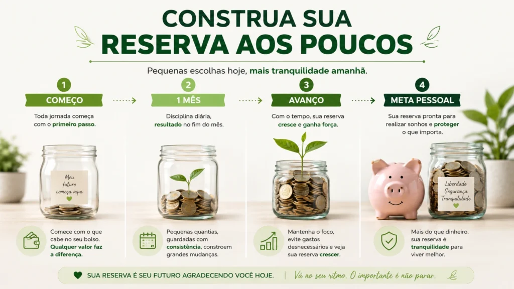 Infográfico mostrando a construção gradual da reserva de emergência até alcançar uma meta pessoal
