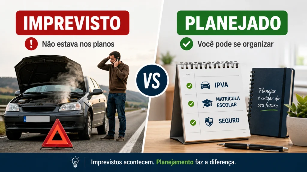 Comparação entre um gasto imprevisto com carro quebrado e despesas planejadas como IPVA e matrícula escolar
