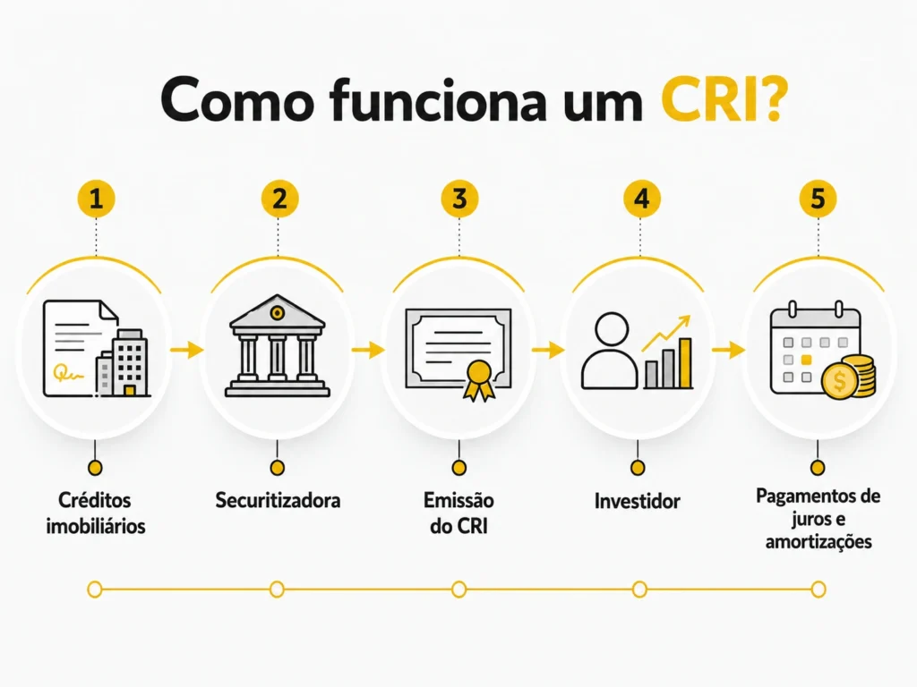 Infográfico mostrando como funciona a securitização e a emissão de um CRI