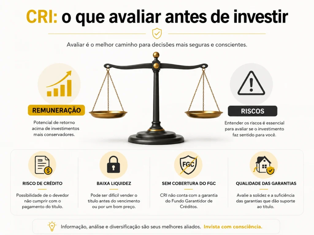 Principais riscos do CRI, incluindo crédito, liquidez, garantias e ausência de FGC
