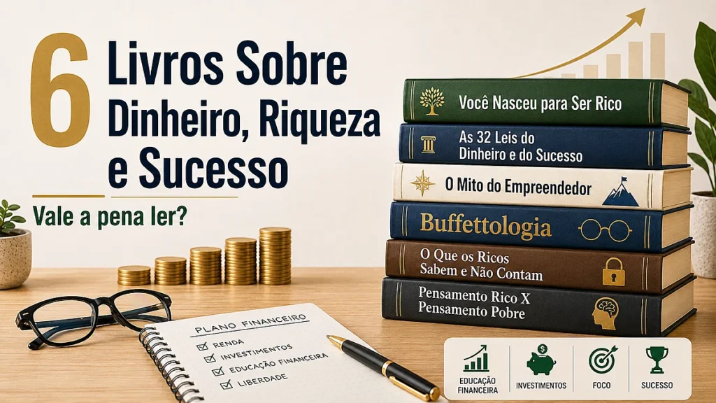 6 livros sobre dinheiro, riqueza e sucesso ao lado de moedas, gráfico de crescimento e plano financeiro, com a pergunta: vale a pena ler?