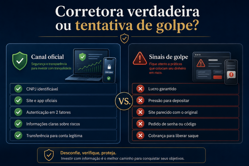 Comparação entre uma corretora legítima e sinais de golpe, como promessa de lucro garantido, pressão para depositar e pedido de senha.