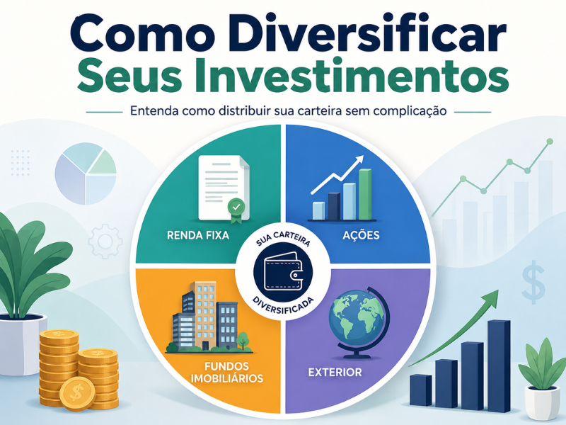 como diversificar seus investimentos, Ilustração de uma carteira diversificada entre renda fixa, ações, fundos imobiliários e investimentos internacionais.