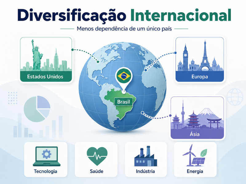Diversificação internacional entre Brasil, Estados Unidos, Europa e Ásia