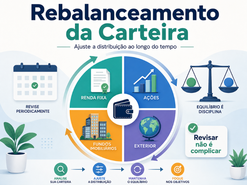 Rebalanceamento da carteira entre renda fixa, ações, fundos imobiliários e exterior