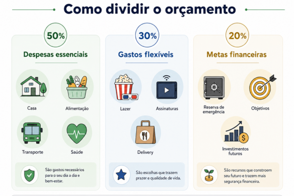 Exemplo de divisão do orçamento entre despesas essenciais, gastos flexíveis e metas financeiras.