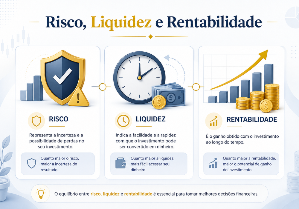 Comparação entre risco, liquidez e rentabilidade nos investimentos