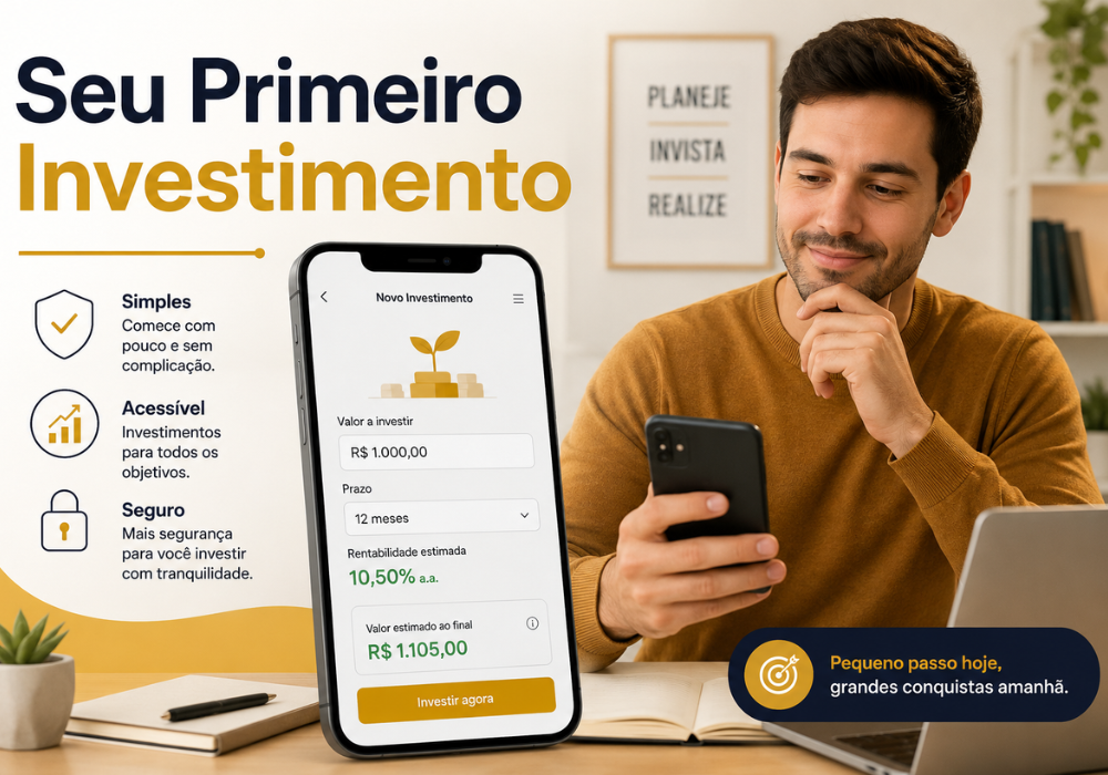 Pessoa realizando seu primeiro investimento pelo celular