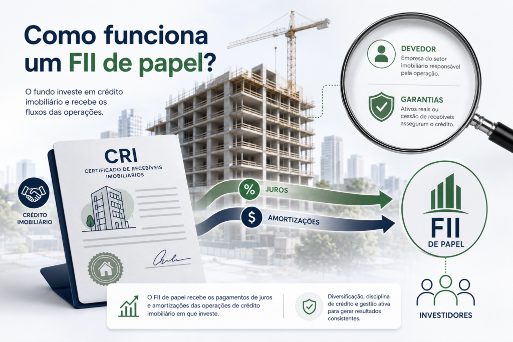 Funcionamento de um FII de papel com CRI, juros, amortizações, devedores e garantias