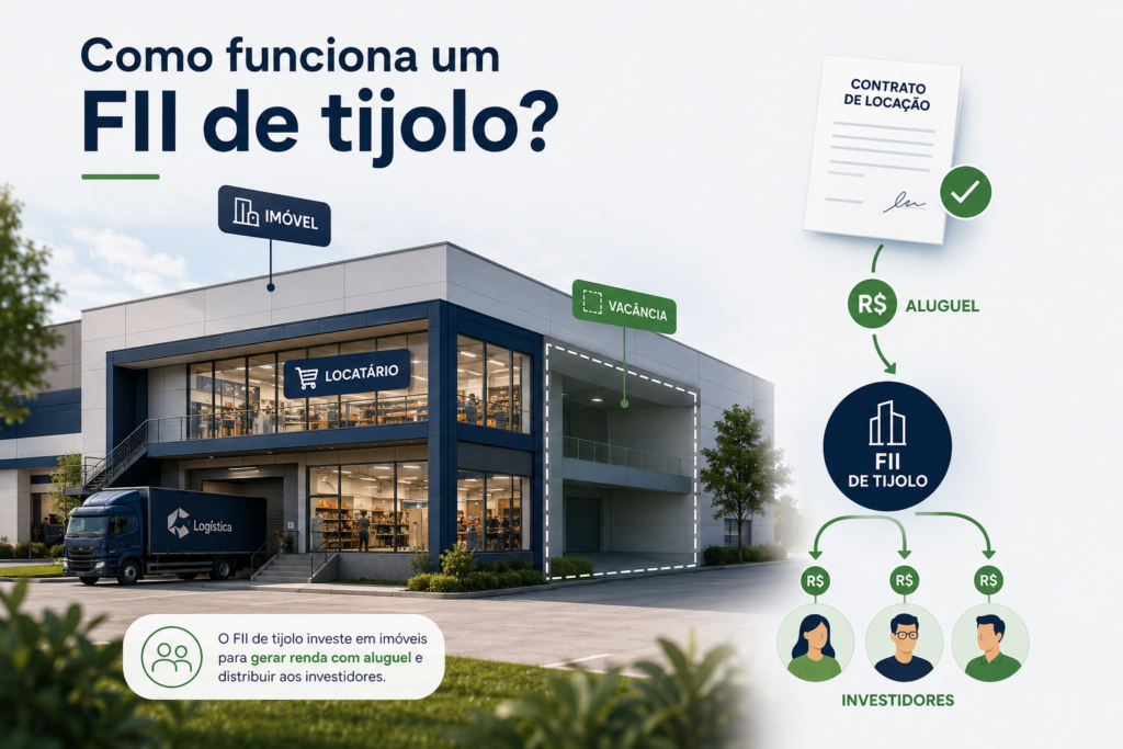 Funcionamento de um FII de tijolo com imóvel alugado, vacância e distribuição aos investidores