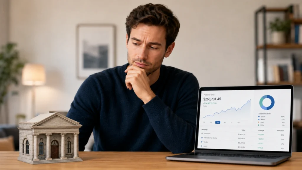 Homem indeciso entre um banco e uma plataforma de investimentos em uma corretora