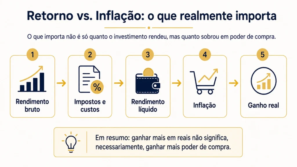 Rendimento do CDI comparado a impostos, inflação e ganho real