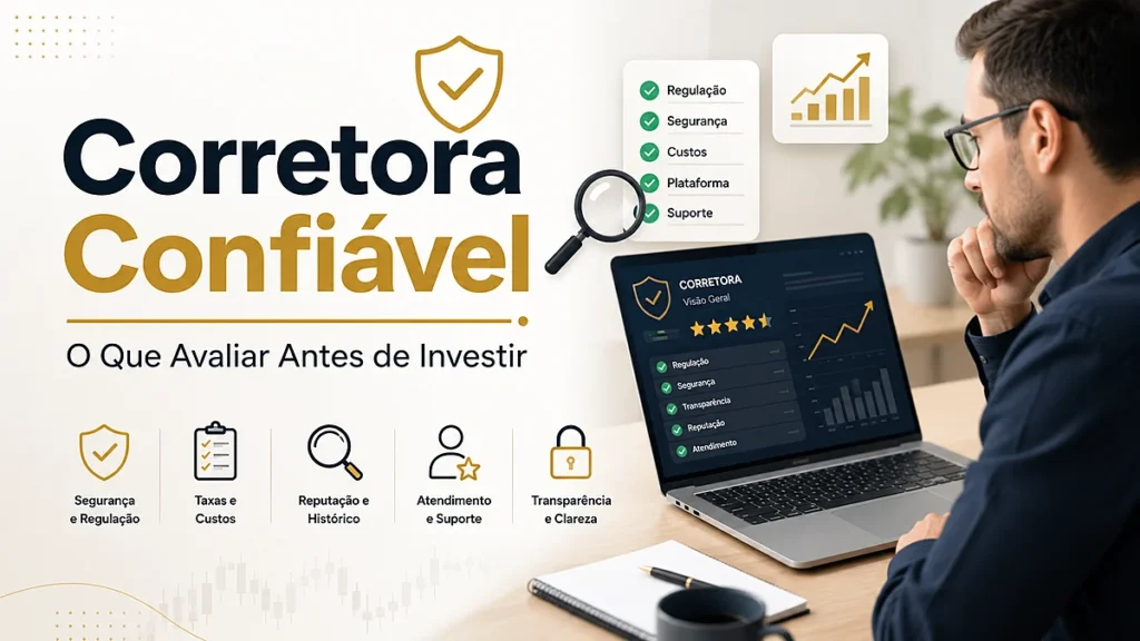 Corretora confiável: investidor analisa no notebook os principais critérios para avaliar antes de investir, como segurança, regulação, taxas, reputação e suporte.