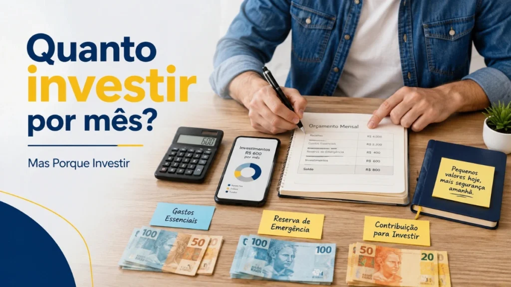 Pessoa analisando o orçamento mensal com celular, calculadora e valores separados para contas, reserva e investimentos