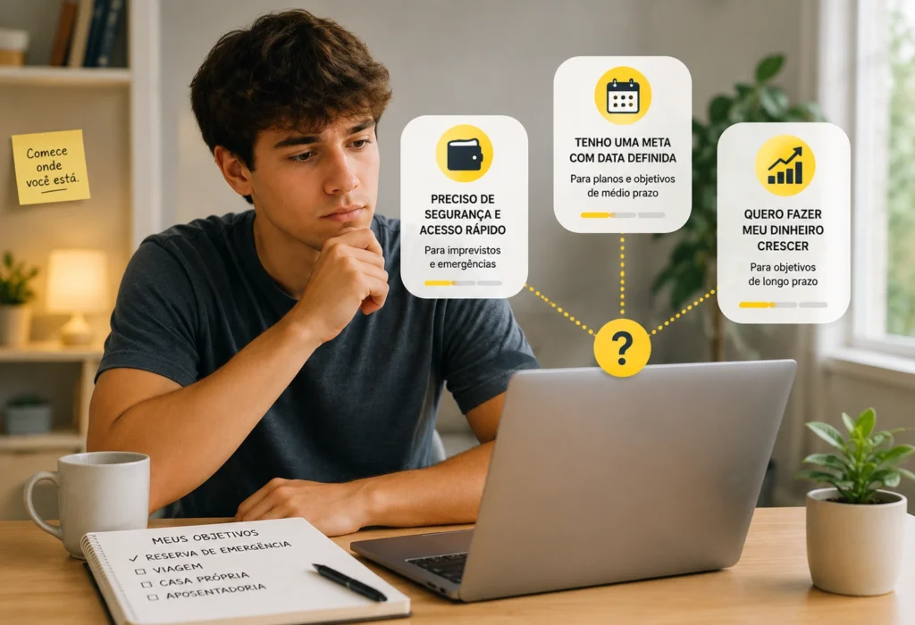 Investidor iniciante analisando diferentes objetivos antes de escolher um investimento