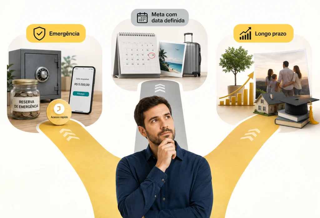 Investidor comparando emergência, meta com data definida e objetivo de longo prazo