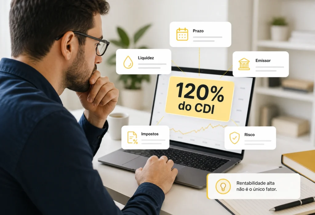 Taxa de investimento comparada com prazo, liquidez, emissor, impostos e risco