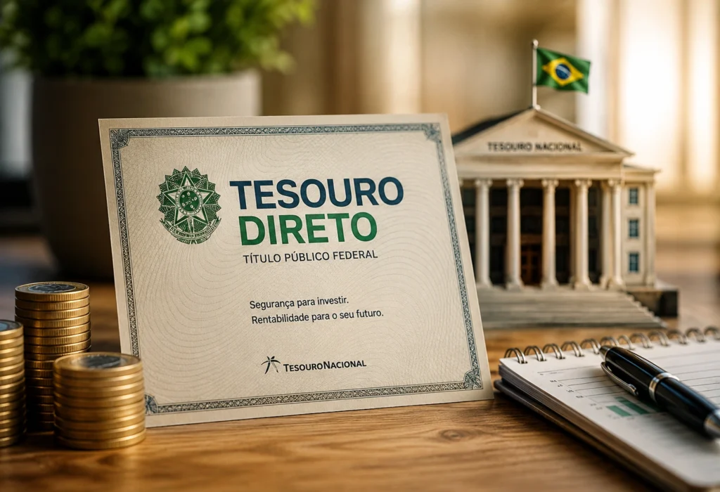 Título público do Tesouro Direto com moedas e representação do Tesouro Nacional