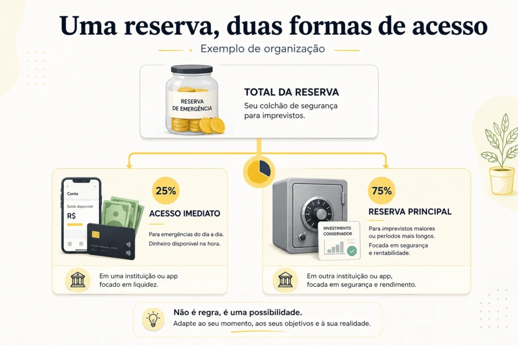 Exemplo de reserva de emergência dividida entre acesso imediato e investimento conservador