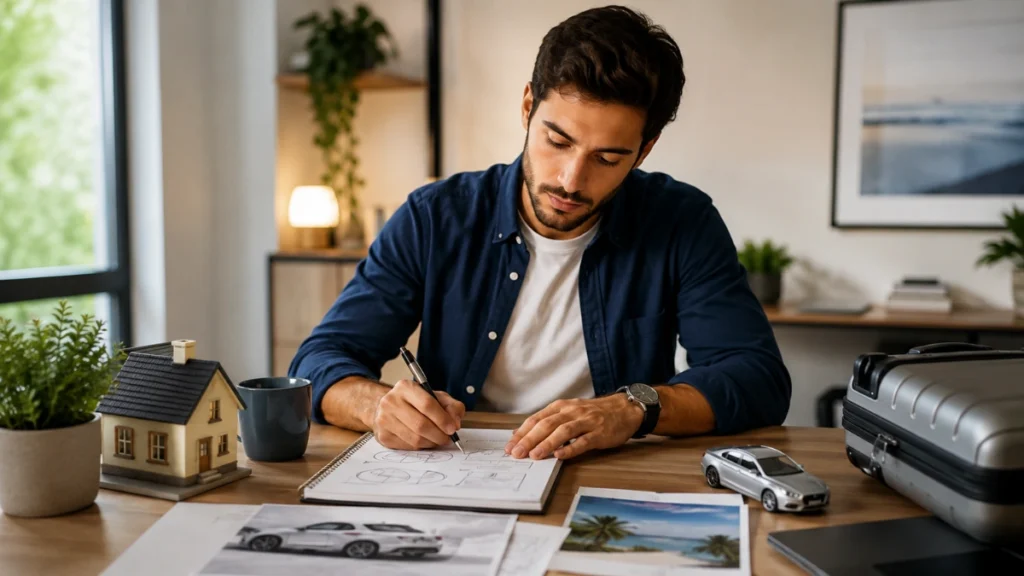 Homem planejando objetivos financeiros com referências a casa, carro e viagem sobre a mesa.