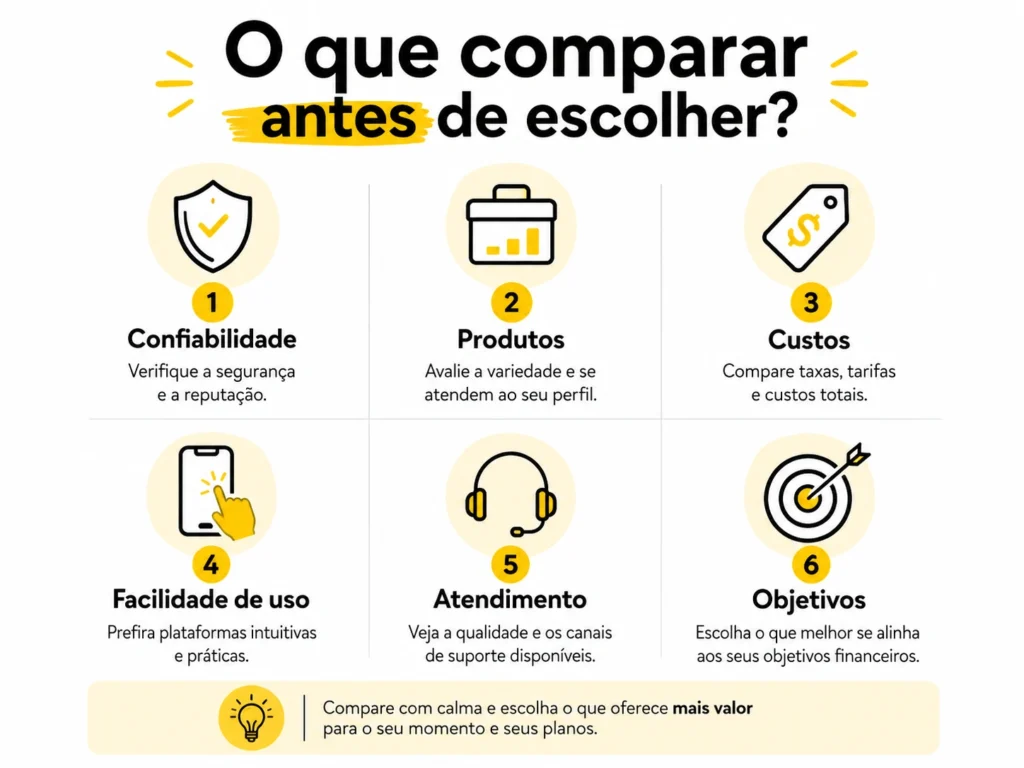 Seis critérios para comparar banco ou corretora: confiabilidade, produtos, custos, facilidade de uso, atendimento e objetivos
