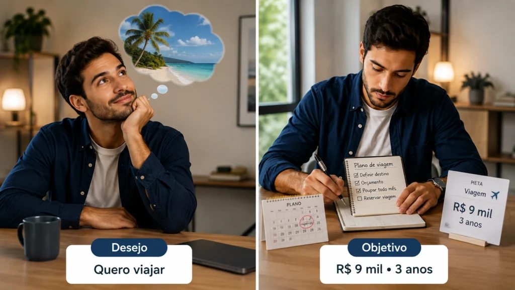 Comparação entre o desejo de viajar e o objetivo financeiro de juntar R$ 9 mil em três anos.