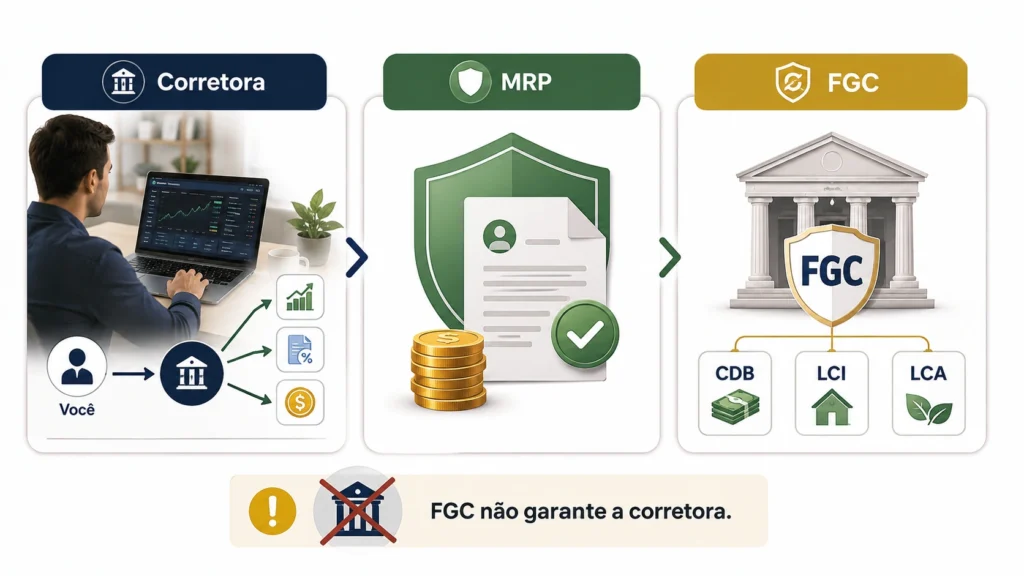 Ilustração explicando a diferença entre corretora, MRP e FGC para o investidor iniciante