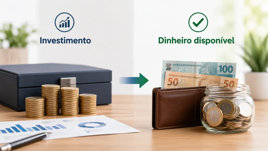Ilustração mostrando a transformação de um investimento em dinheiro disponível