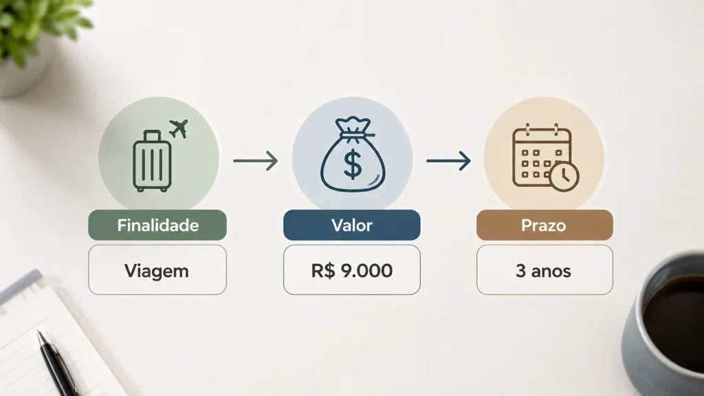 Infográfico mostra finalidade, valor e prazo de um objetivo financeiro: viagem, R$ 9 mil e três anos.