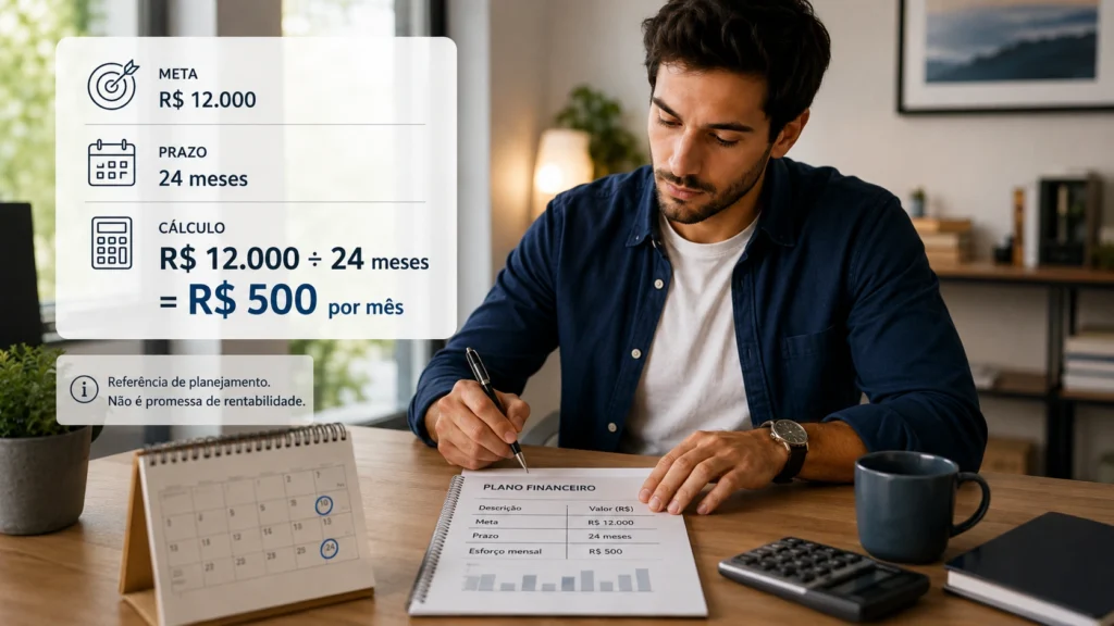 Planejamento financeiro com meta de R$ 12 mil em 24 meses e referência de R$ 500 por mês.