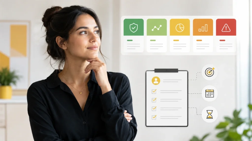 Mulher analisando perfil de investidor com painel de risco e checklist de suitability