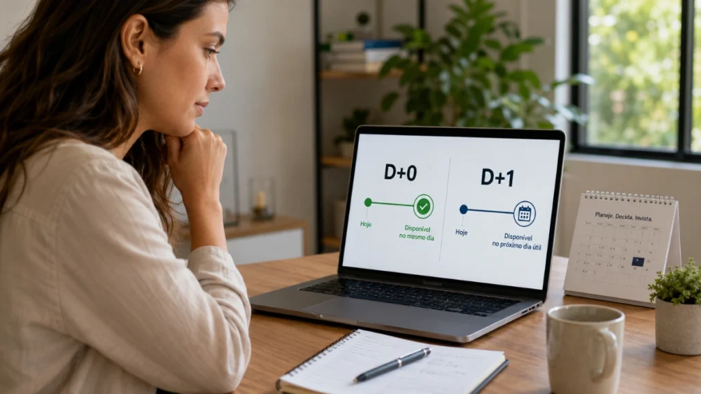 Mulher analisando no notebook a diferença entre D+0 e D+1 em investimentos