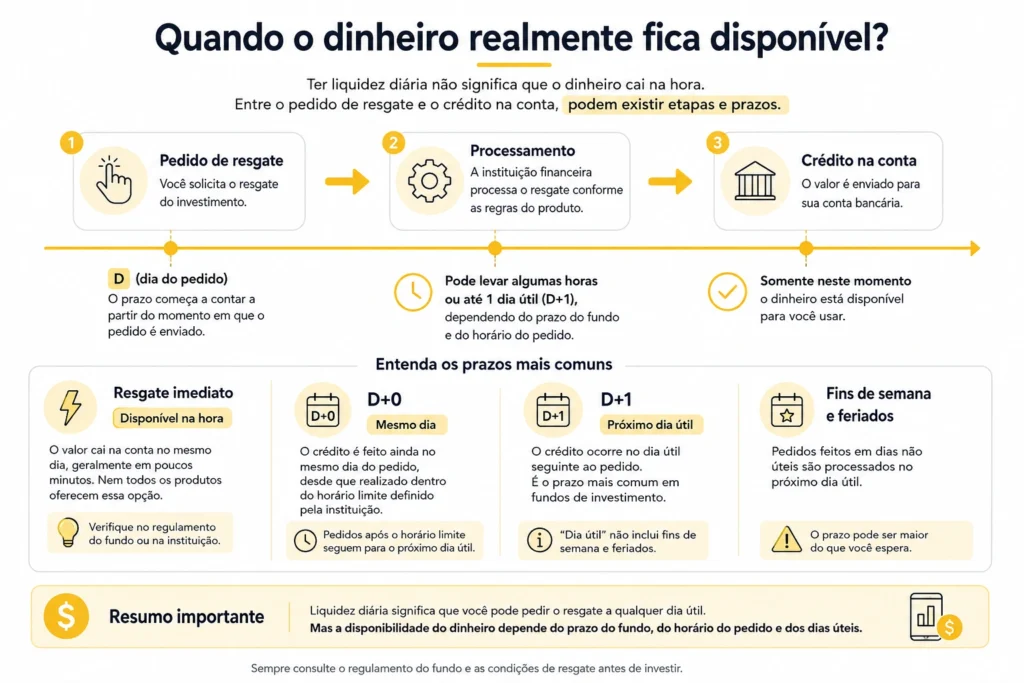 Diferença entre liquidez diária, resgate imediato, D+0 e D+1 nos investimentos