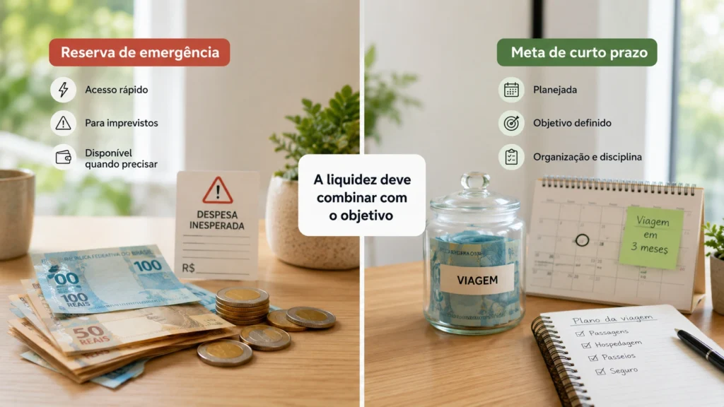 Comparação entre dinheiro para reserva de emergência e valor guardado para meta de curto prazo