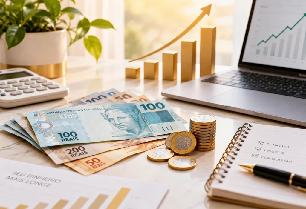 Notas de real, moedas e gráfico de crescimento representando R$ 1.000 investidos no Tesouro Direto