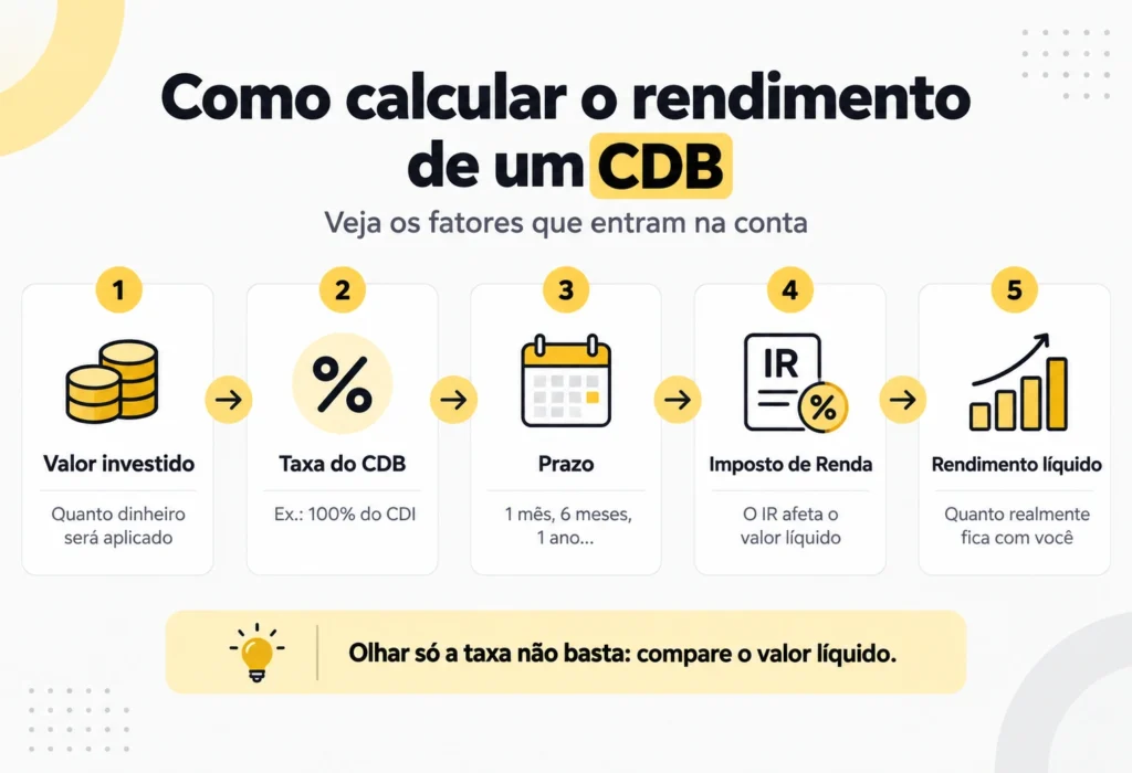 Etapas para calcular o rendimento de um CDB considerando valor investido, taxa, prazo, imposto e rendimento líquido