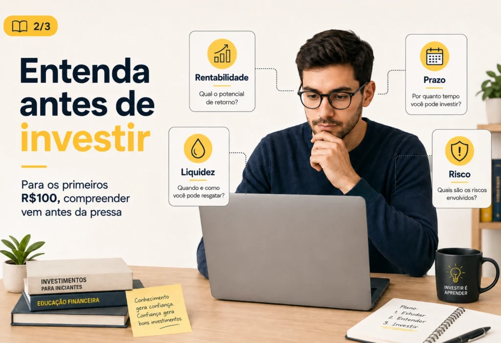 Investidor iniciante analisando rentabilidade prazo liquidez e risco antes de investir R$100