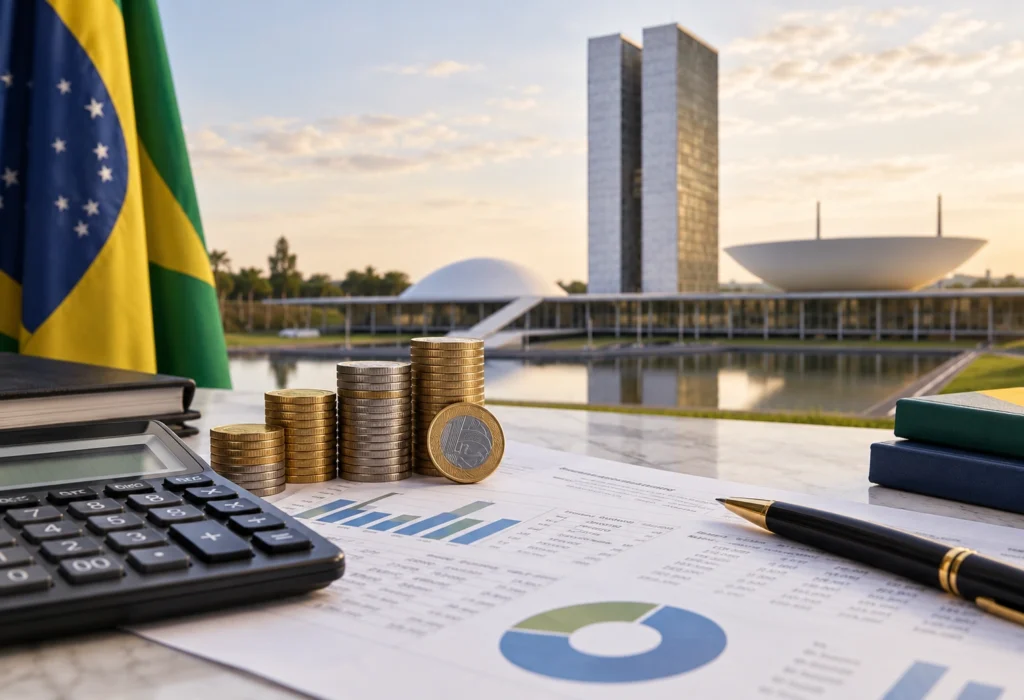 Moedas, calculadora e documentos financeiros com o Congresso Nacional ao fundo representando o Imposto de Renda sobre investimentos no Brasil