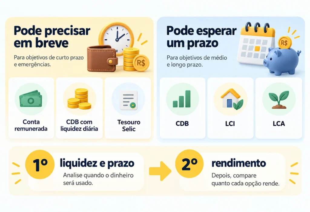 Comparação de onde guardar dinheiro para render conforme liquidez, prazo e rendimento