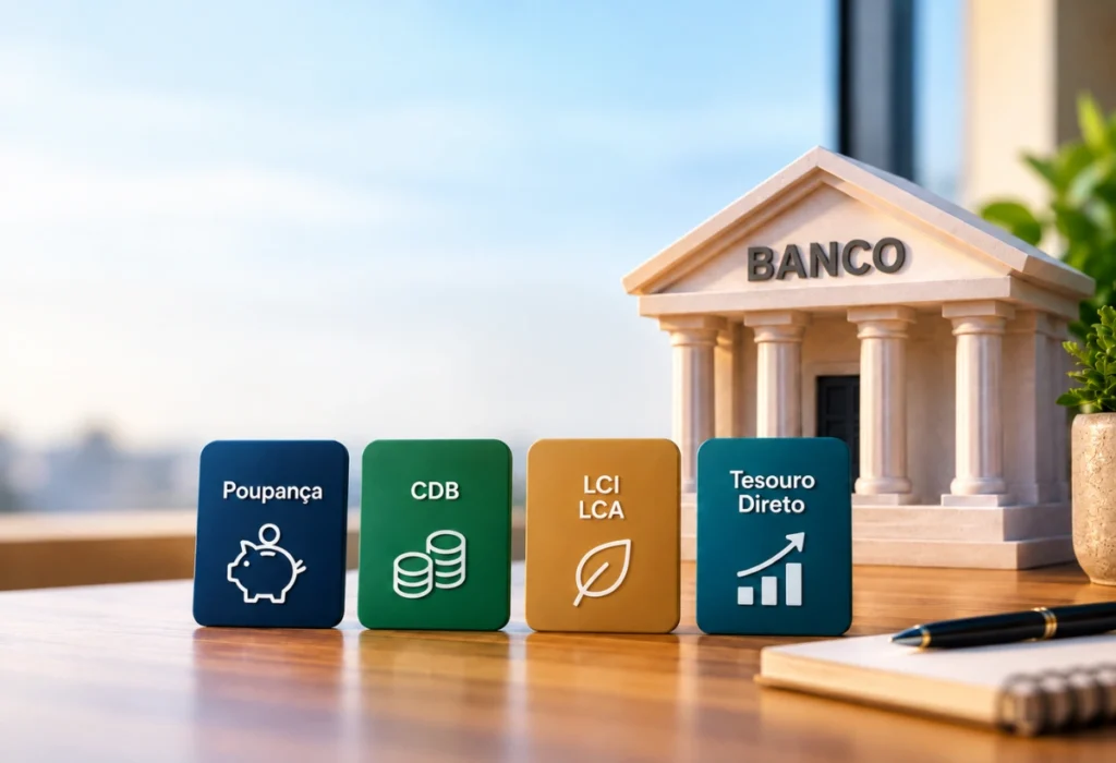 Ilustração com opções de investimento em banco, como poupança, CDB, LCI, LCA e Tesouro Direto