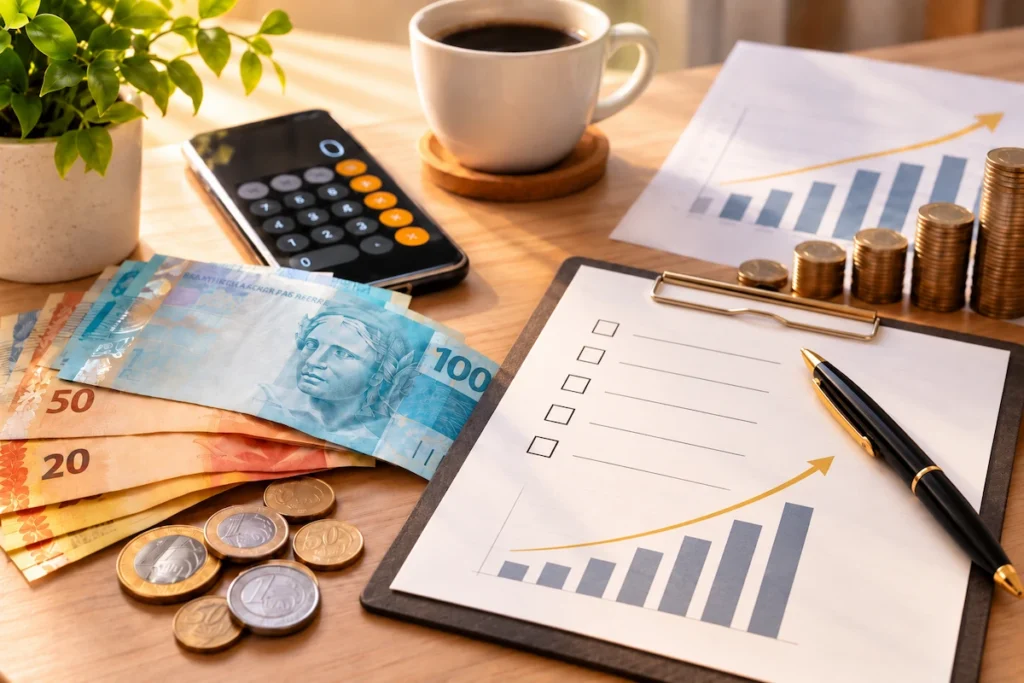 Mesa com dinheiro em reais, moedas, calculadora no celular, café e prancheta com checklist e gráfico de crescimento, representando planejamento financeiro e investimentos.