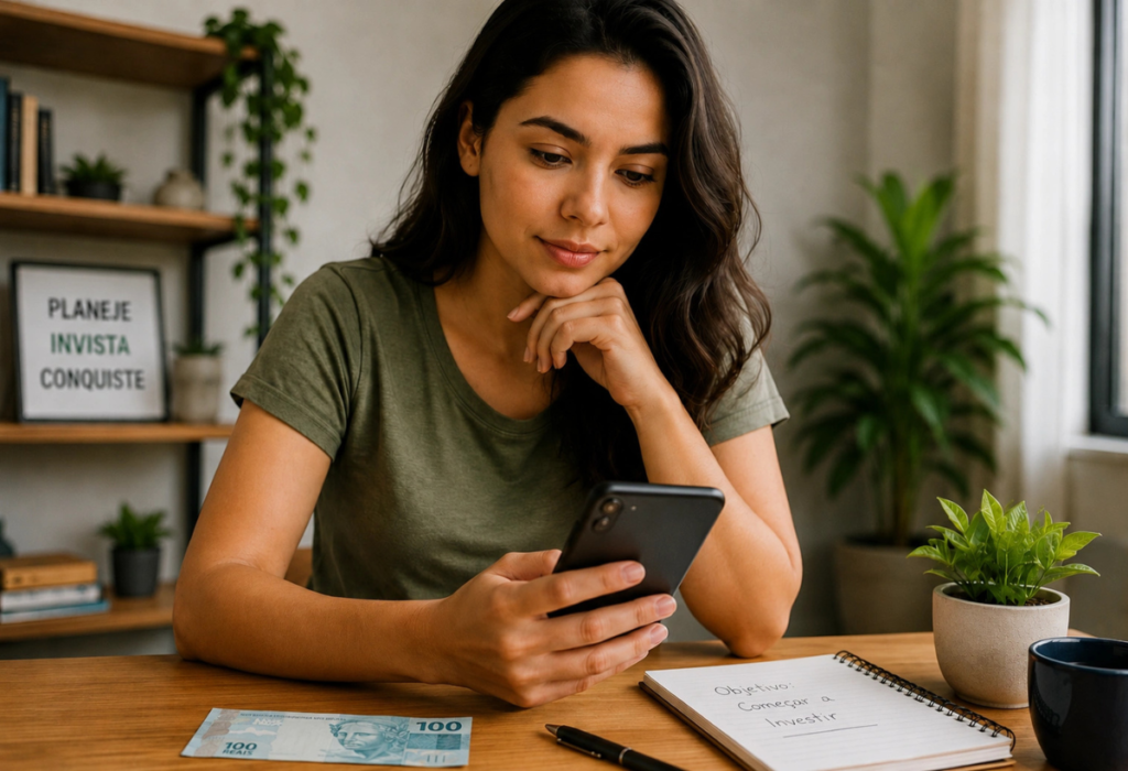 Mulher planejando como investir os primeiros R$100 pelo celular