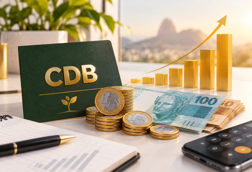 CDB com moedas, notas de real e gráfico de crescimento representando o rendimento do investimento