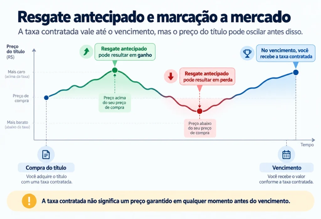 Marcação a mercado no Tesouro IPCA+ mostrando resgate antecipado e vencimento