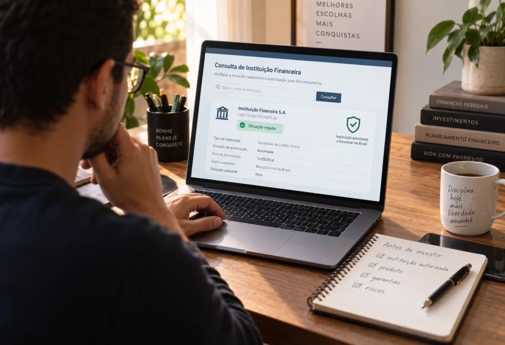 Pessoa verificando a segurança e a confiabilidade de uma instituição financeira antes de investir