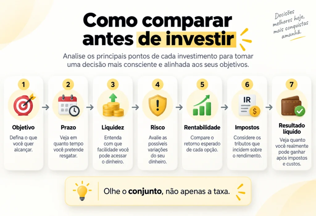 Etapas para comparar investimentos considerando objetivo, prazo, liquidez, risco, impostos e rentabilidade líquida